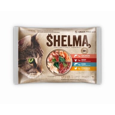SHELMA – šlapias kačių ėdalas su lašiša, menke, jautiena ir vištiena – 4 x 85 g