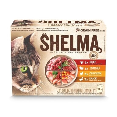 SHELMA su kalakutiena, antiena, vištiena ir jautiena padaže - šlapias kačių ėdalas - 12 x 85 g