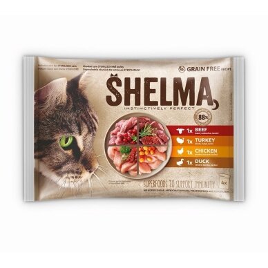 SHELMA – šlapias kačių ėdalas su vištiena, kalakutiena, jautiena ir antiena – 4 x 85 g