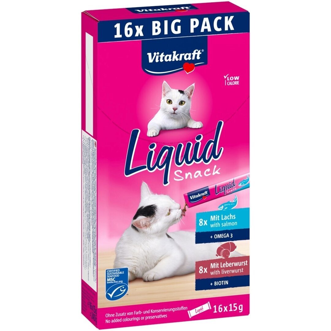 VITAKRAFT skystas skanėstas katėms su kepenėlėmis ir lašiša, 16 x 15 g