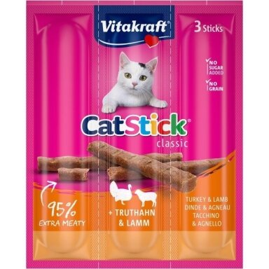 VITAKRAFT kačių lazdelės su kalakutiena ir ėriena – kačių skanėstai – 18 g