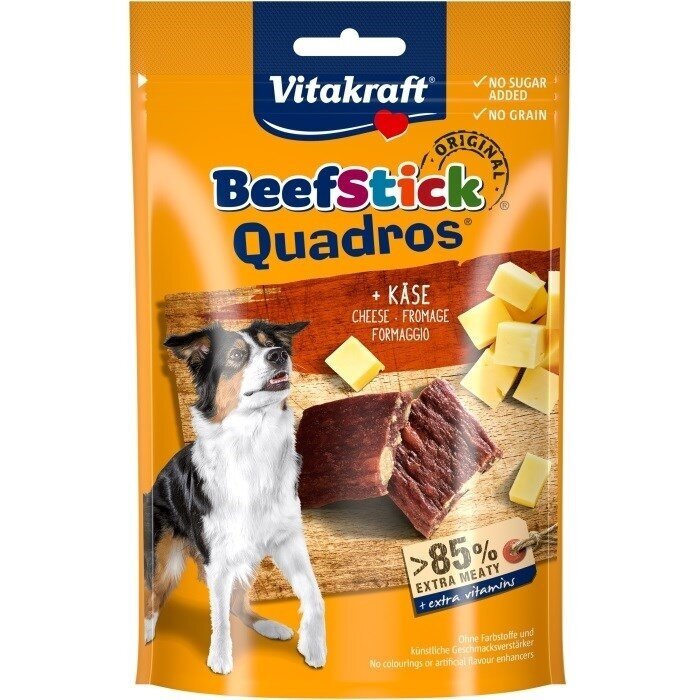 VITAKRAFT jautienos lazdelės „Quadros“ su sūriu – skanėstas šunims – 70 g VITAKRAFT jautienos lazdelės „Quadros“ su sūriu – skanėstas šunims – 70 g
