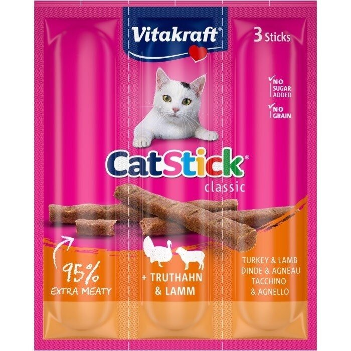 VITAKRAFT kačių lazdelės su kalakutiena ir ėriena – kačių skanėstai – 18 g
