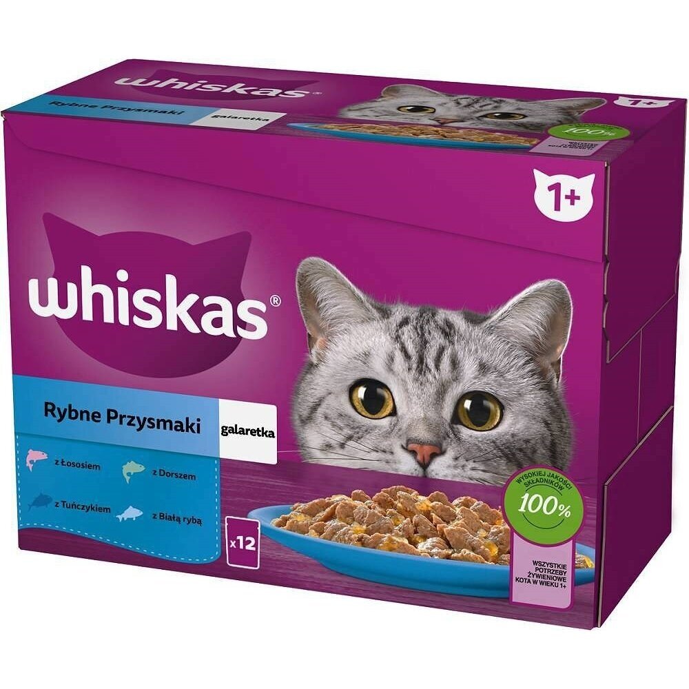 WHISKAS želė maišeliai, skoniai: balta žuvis, menkė, lašiša, tunas - šlapias kačių ėdalas - 12 x 85 g