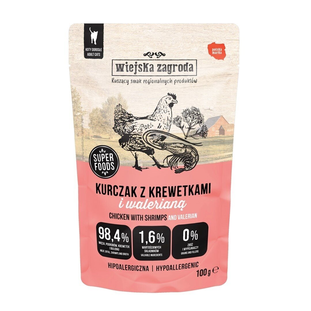 WIEJSKA ZAGRODA Vištienos su krevetėmis ir valerijonais – Šlapias kačių ėdalas – 100 g WIEJSKA ZAGRODA Vištienos su krevetėmis ir valerijonais – Šlapias kačių ėdalas – 100 g