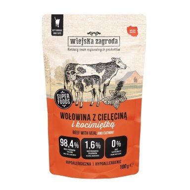 WIEJSKA ZAGRODA Beef with veal and catnip – šlapias kačių maistas, 100 g
