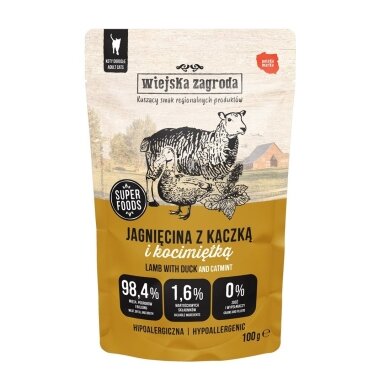 WIEJSKA ZAGRODA Ėriena su antiena ir katžole – šlapias katėms skirtas ėdalas – 100 g